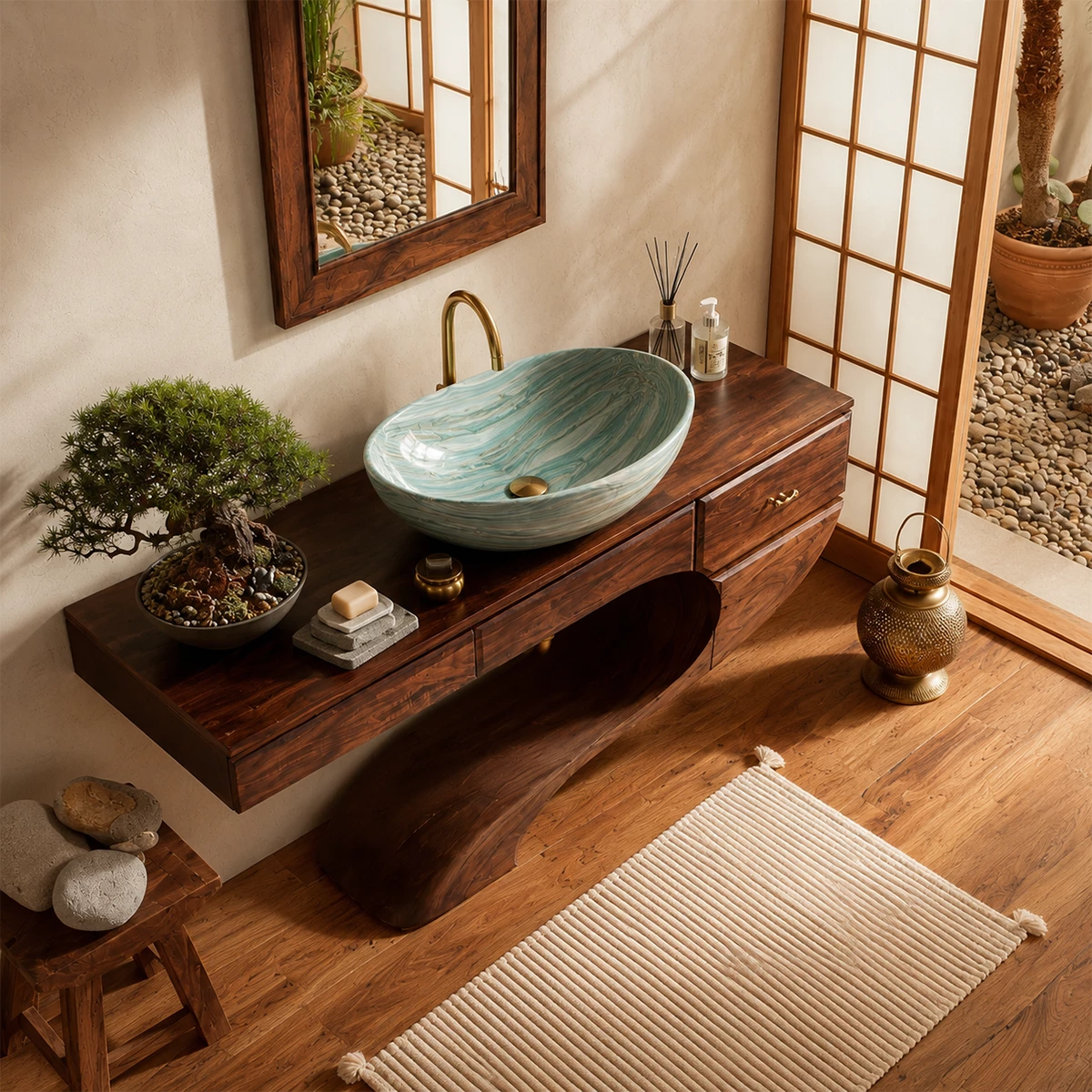 Floating Bathroom Vanity with Sculptural S-Curve Base in Natural Solid Wood