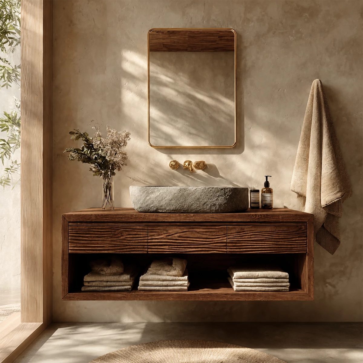 Floating Bathroom Vanity with Textured Wood Drawers and Open Shelf in Natural Solid Wood