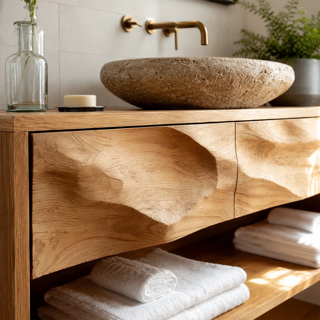 Floating Bathroom Vanity with Sculpted Drawer Fronts in Natural Solid Wood