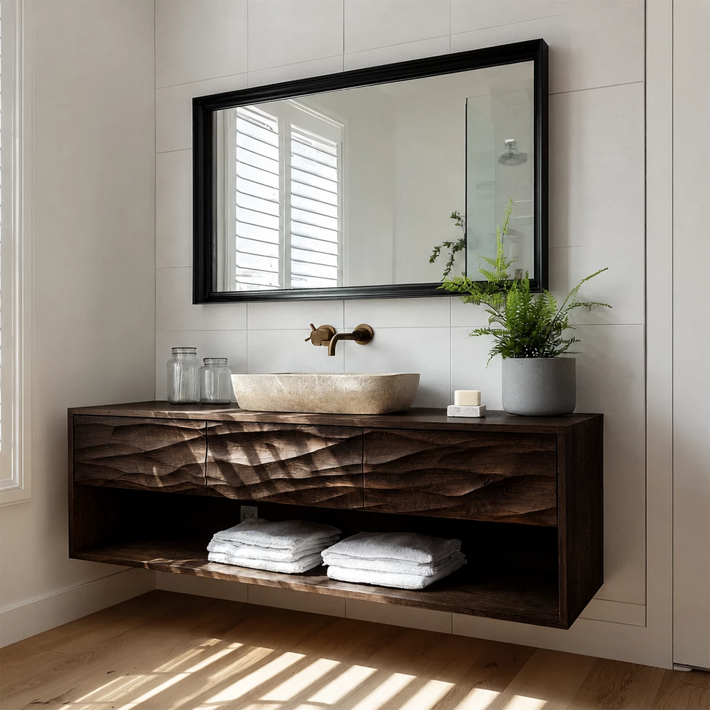 Floating Bathroom Vanity with Hand-Carved Wave Drawers in Natural Solid Wood