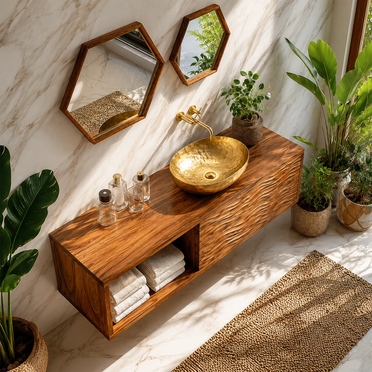 Floating Solid Wood Bathroom Vanity with Wave Carved Drawers and Open Shelf