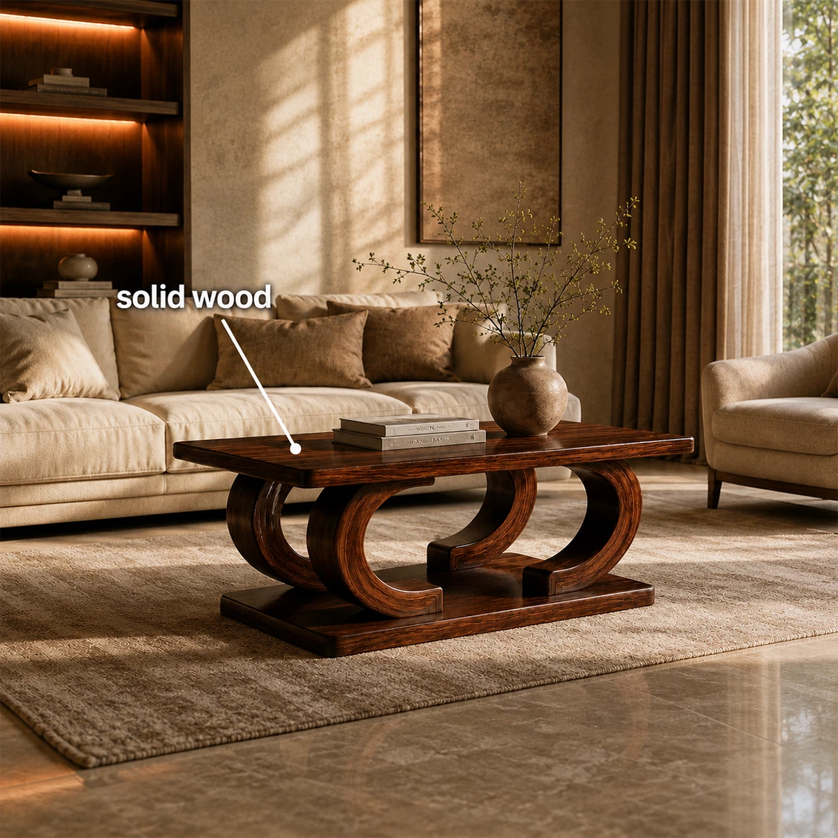 Rectangular Arch Wood Coffee Table – Sculptural Natural Wood Center Table for Living Room