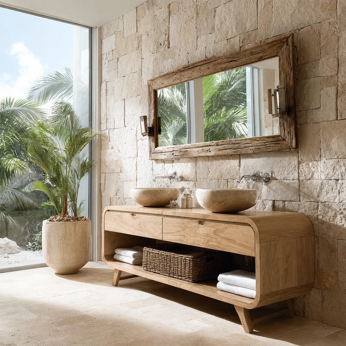 Double Sink Bathroom Vanity with Rounded Corners in Natural Solid Wood