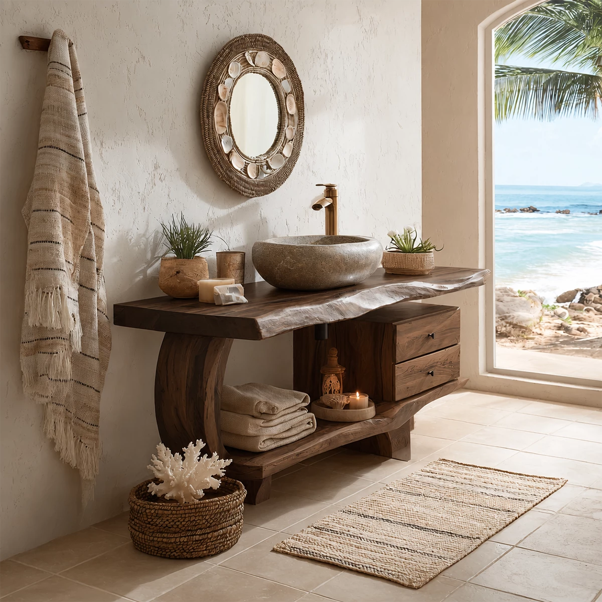 Live Edge Bathroom Vanity with Curved Open Shelf in Natural Solid Wood