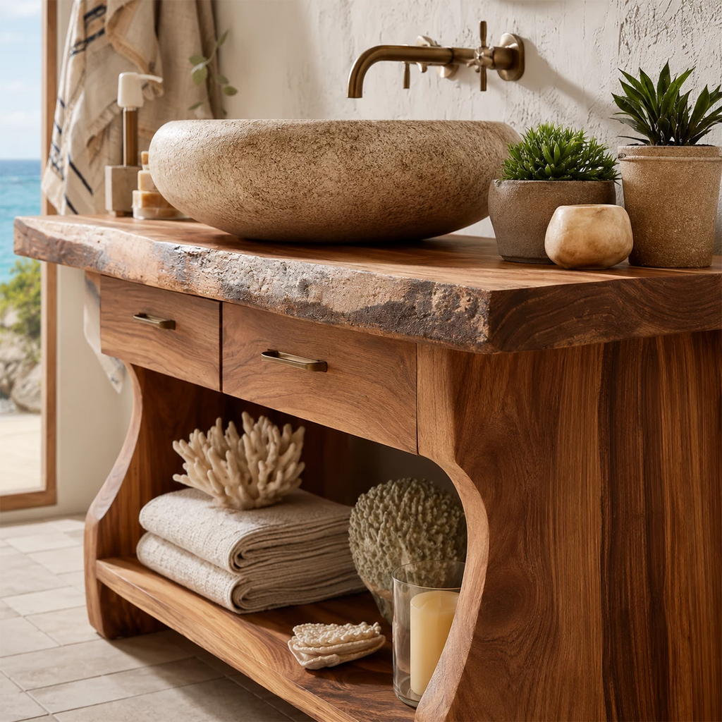 Live Edge Bathroom Vanity with Open Shelf in Natural Solid Wood