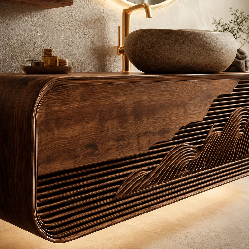 Floating Solid Wood Bathroom Vanity with Mountain Relief Front Design