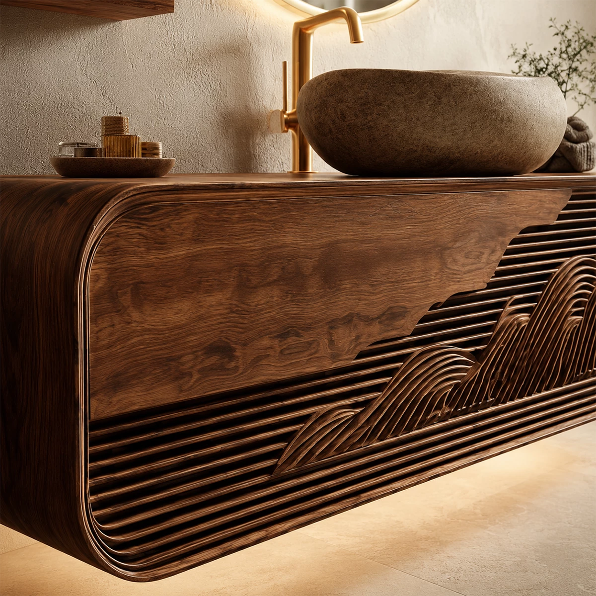Floating Solid Wood Bathroom Vanity with Mountain Relief Front Design