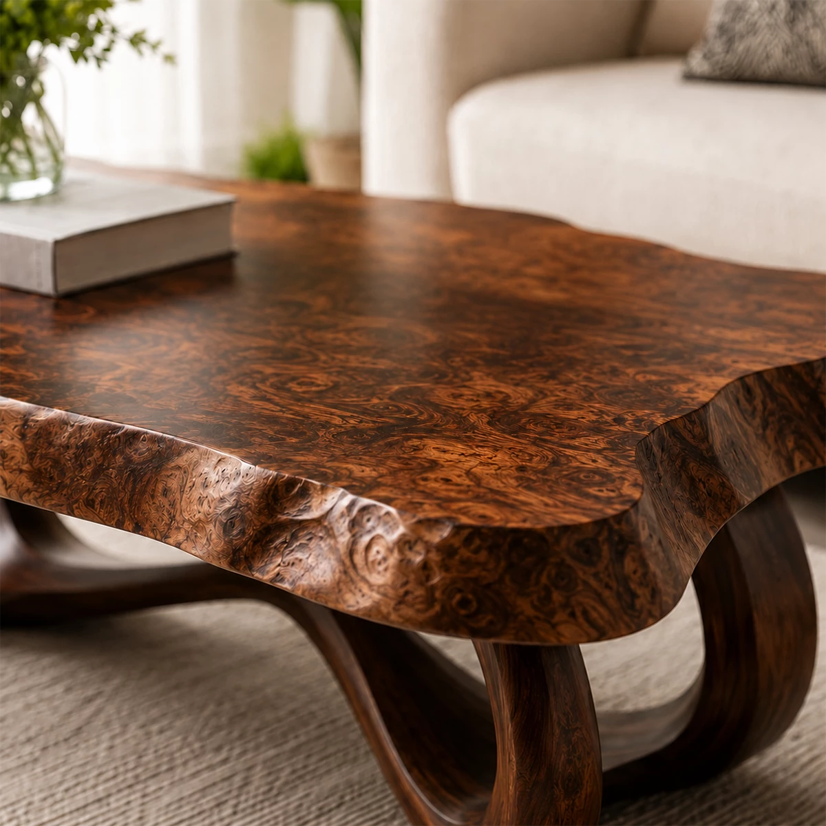 Live Edge Burl Wood Coffee Table – Sculptural Natural Wood Center Table for Modern Living Room