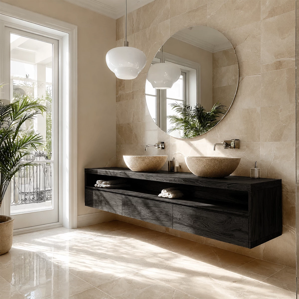 Double Sink Floating Bathroom Vanity with Open Shelf in Natural Solid Wood