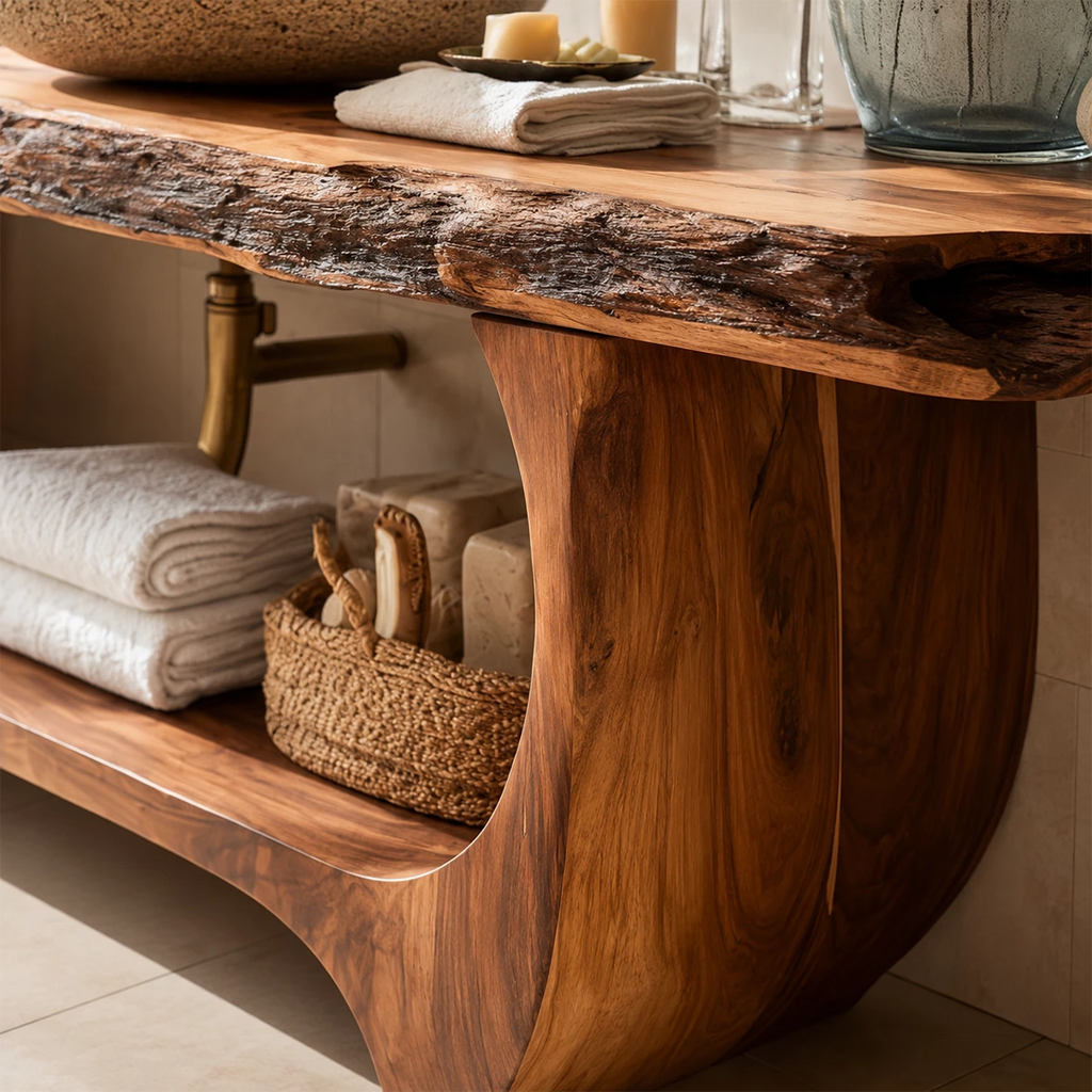 Live Edge Bathroom Vanity with Sculptural Open Shelf in Natural Solid Wood