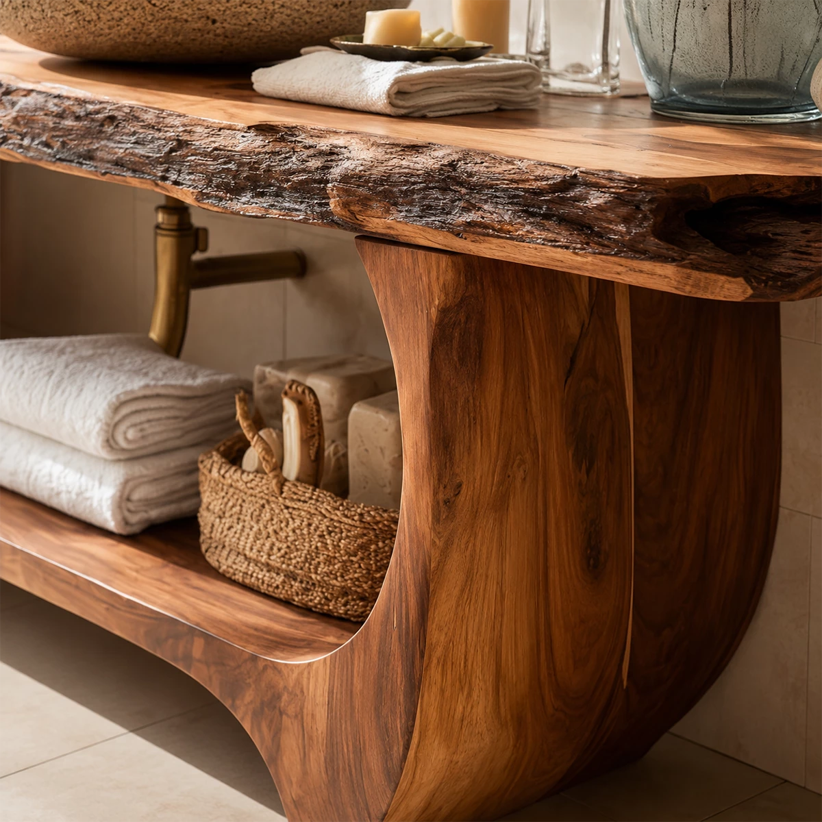 Live Edge Bathroom Vanity with Sculptural Open Shelf in Natural Solid Wood