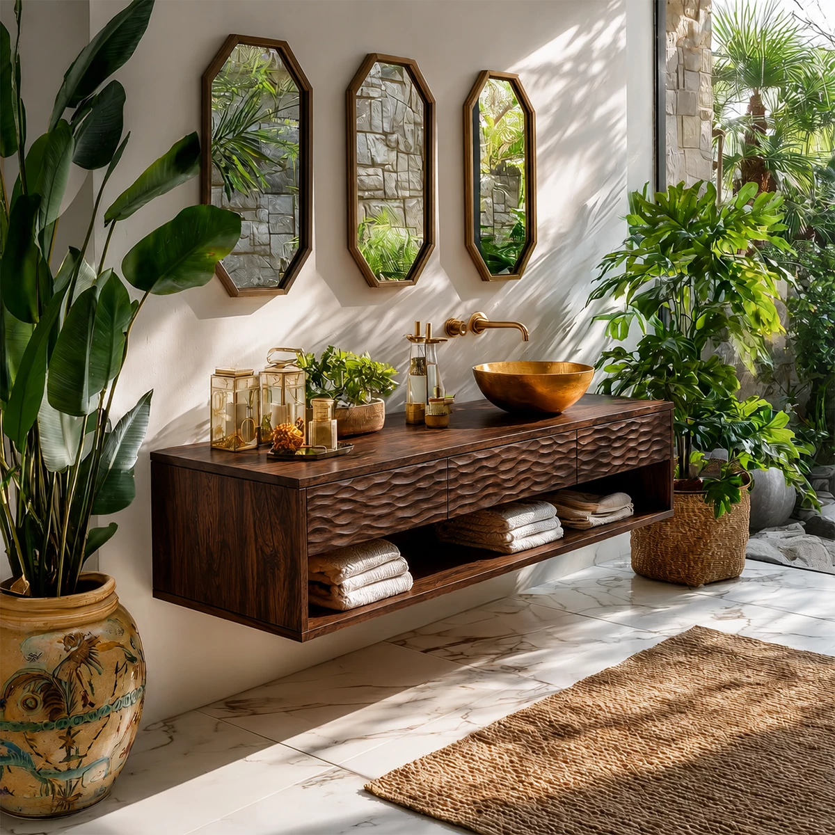 Handcrafted Floating Bathroom Vanity with Carved Drawer Fronts in Natural Solid Wood