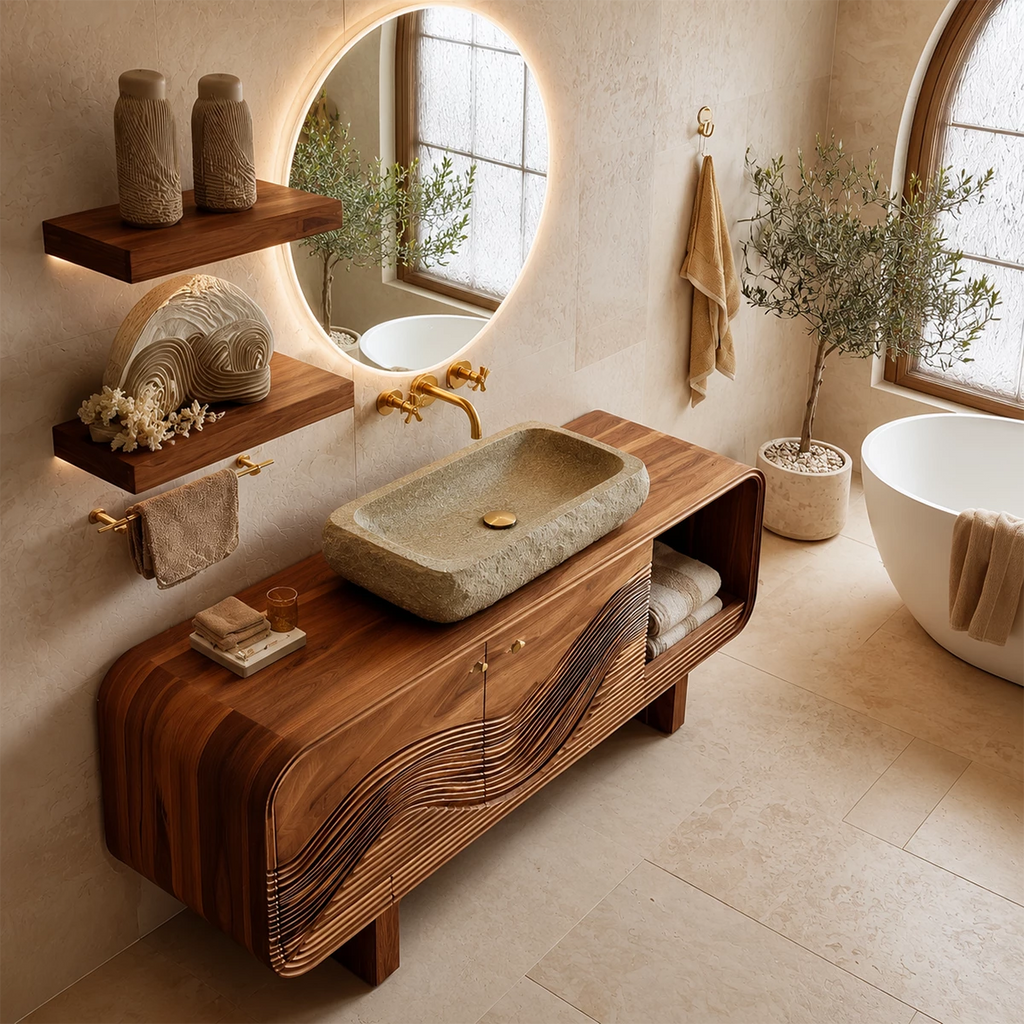 Modern Solid Wood Bathroom Vanity with Sculpted Wave Front and Open Shelf