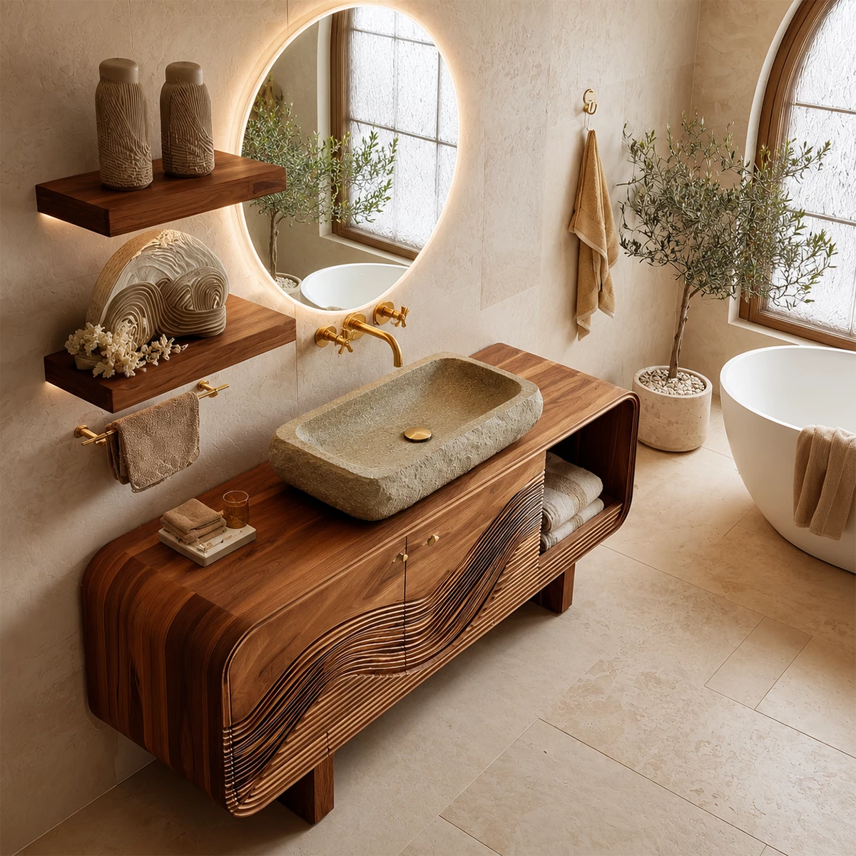 Modern Solid Wood Bathroom Vanity with Sculpted Wave Front and Open Shelf