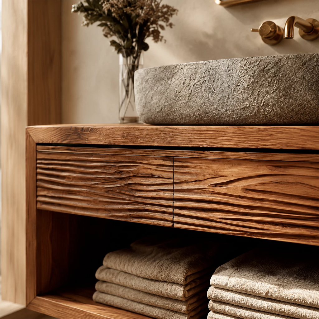 Floating Bathroom Vanity with Textured Wood Drawers and Open Shelf in Natural Solid Wood