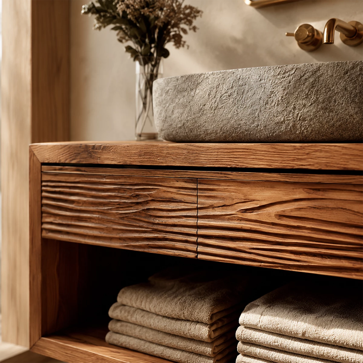 Floating Bathroom Vanity with Textured Wood Drawers and Open Shelf in Natural Solid Wood