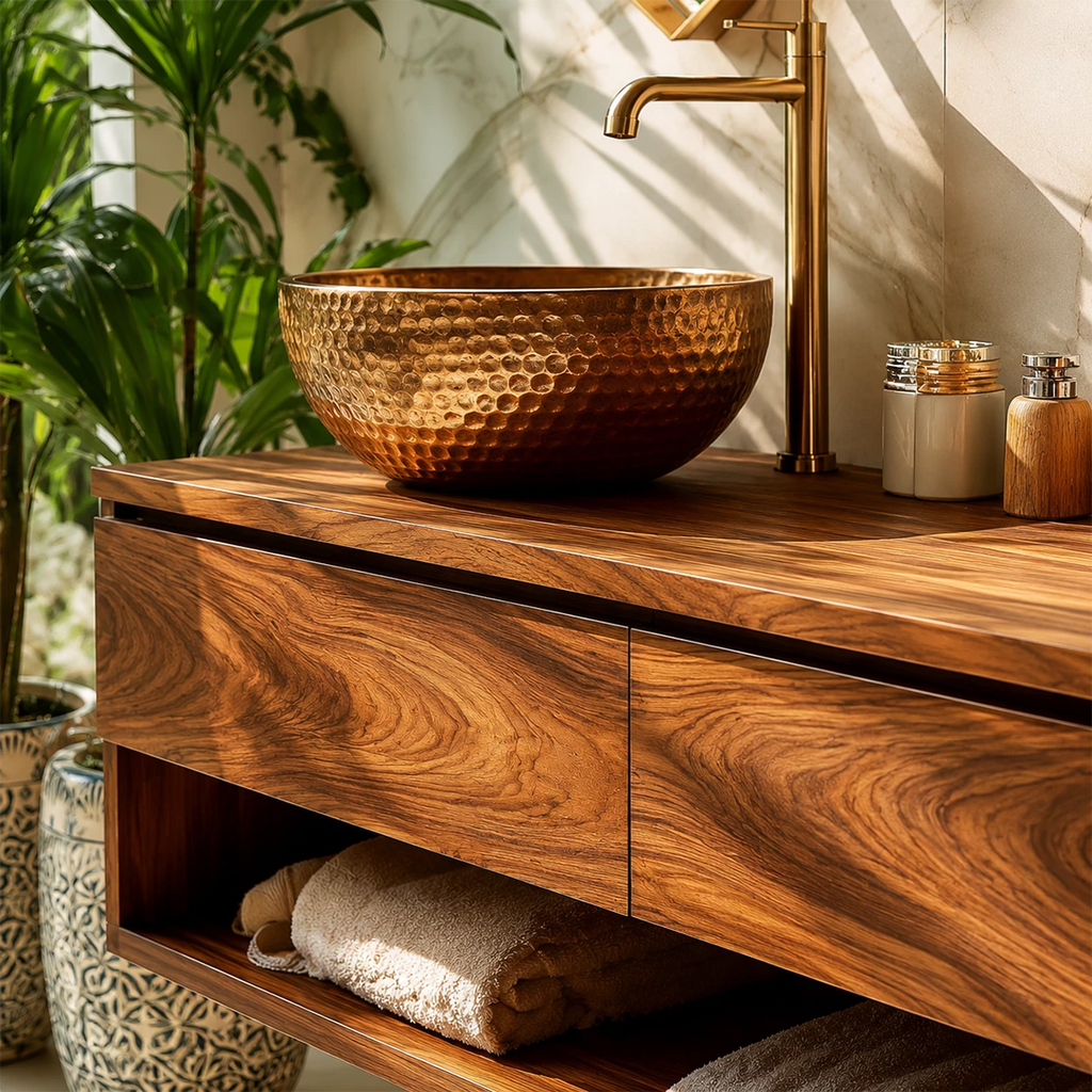 Floating Bathroom Vanity with Open Shelf and Dual Drawers in Natural Solid Wood