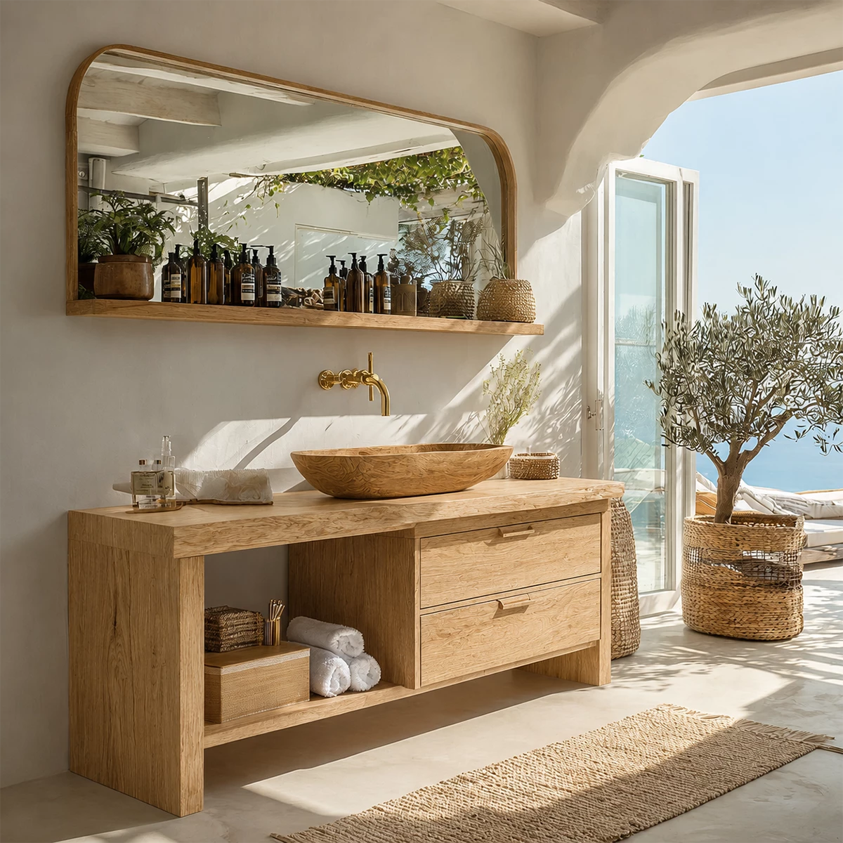 Live Edge Bathroom Vanity with Open Shelf and Dual Drawers in Natural Solid Wood