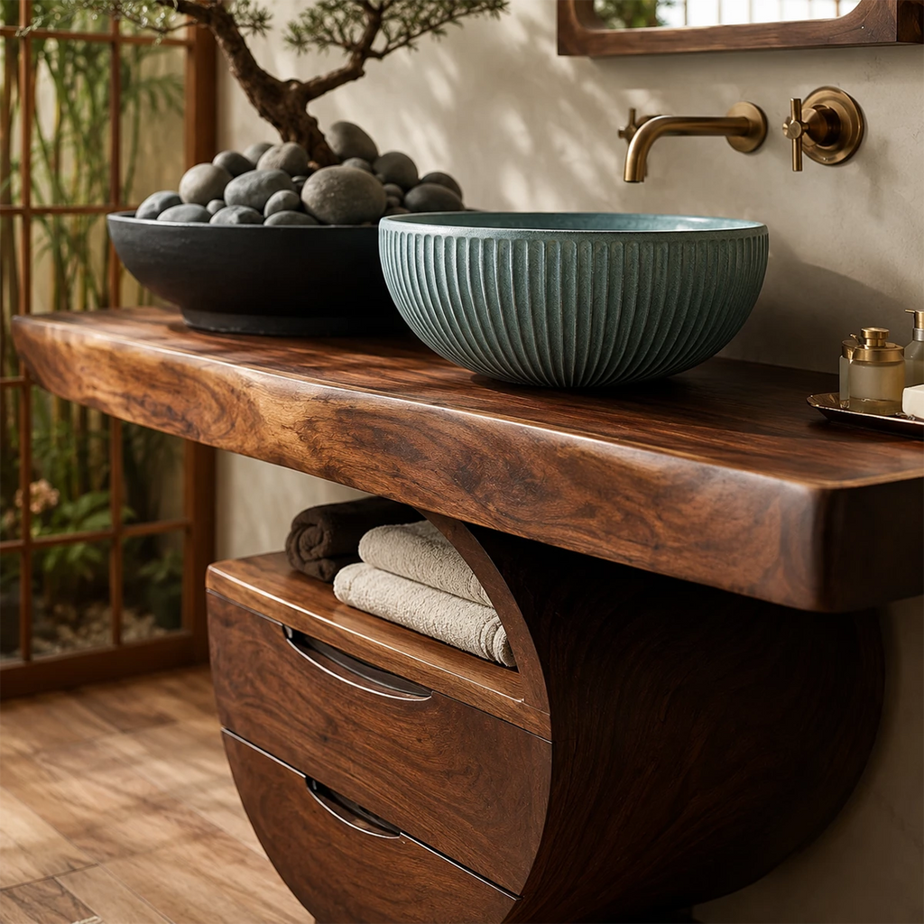 Sculptural Floating Bathroom Vanity with Curved Storage Base in Natural Solid Wood