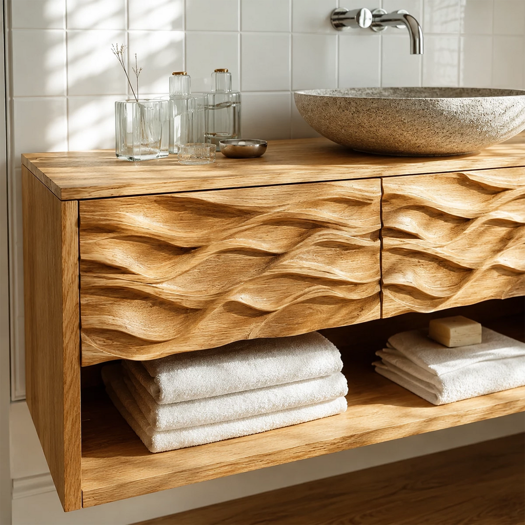 Floating Solid Wood Bathroom Vanity with Carved Wave Front and Open Shelf