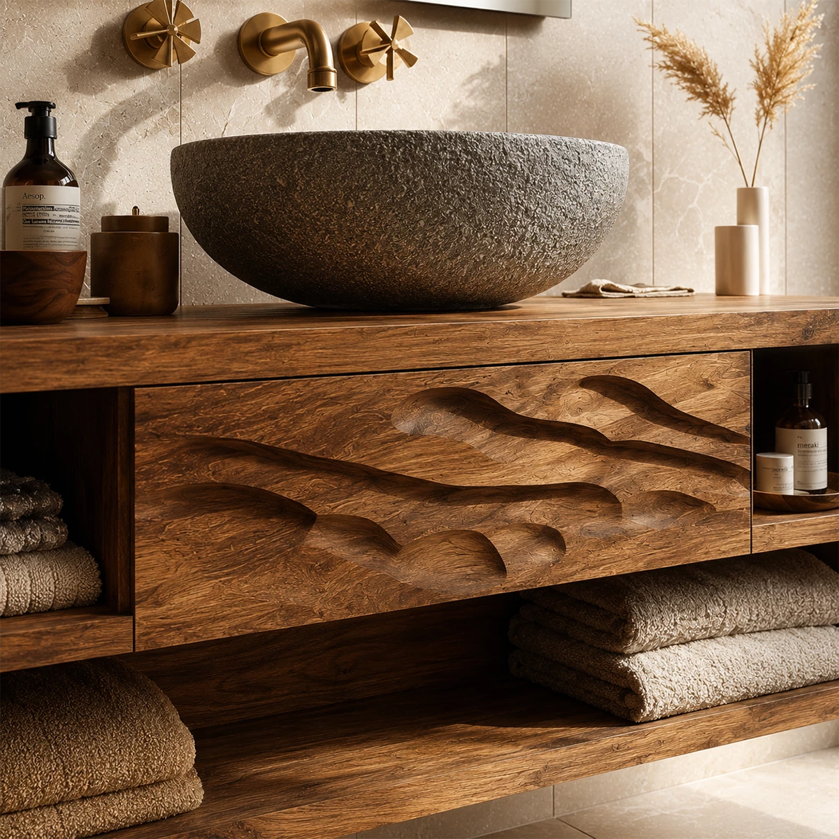 Floating Bathroom Vanity with Wave-Carved Drawer in Natural Solid Wood