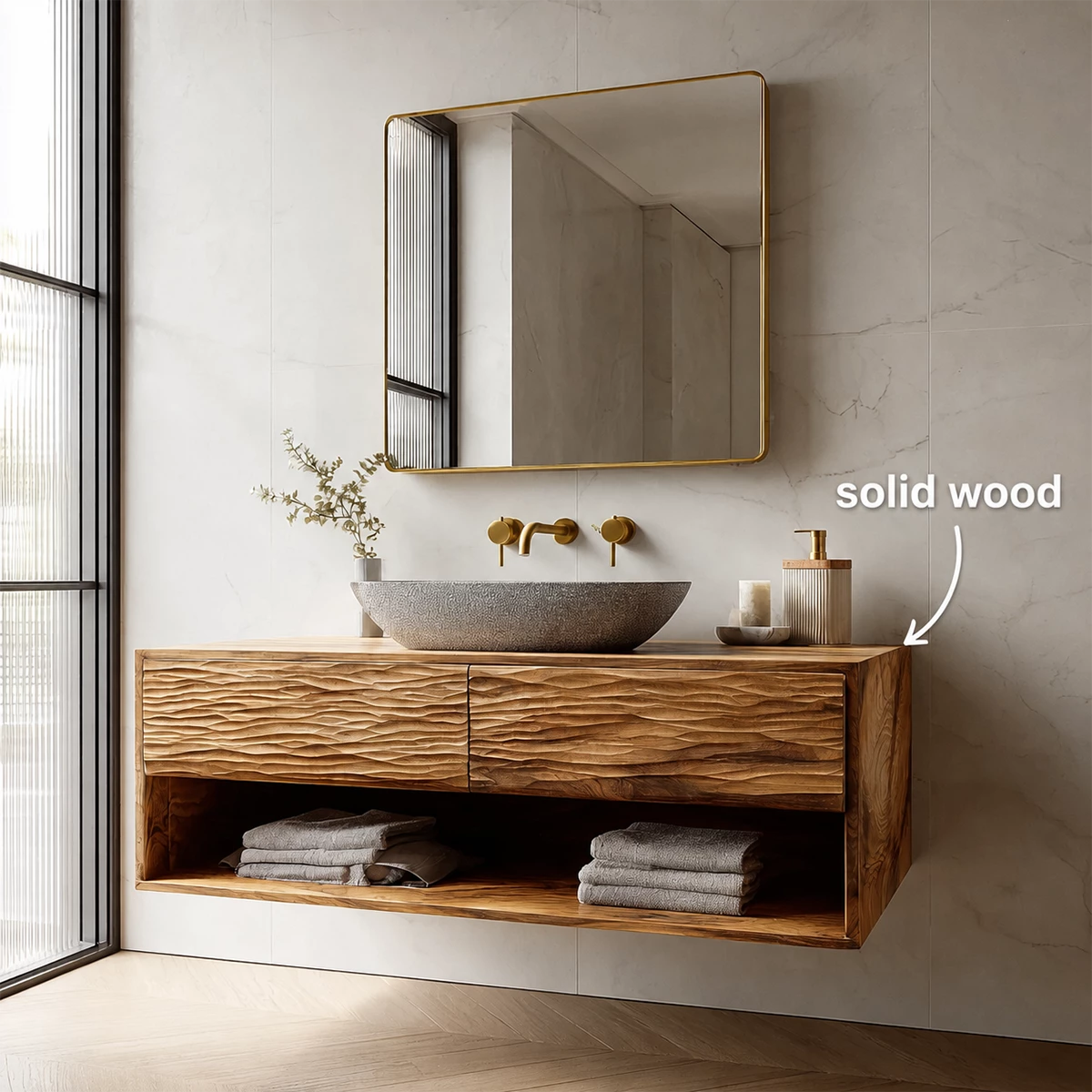 Floating Solid Wood Bathroom Vanity with Textured Front & Open Shelf Storage