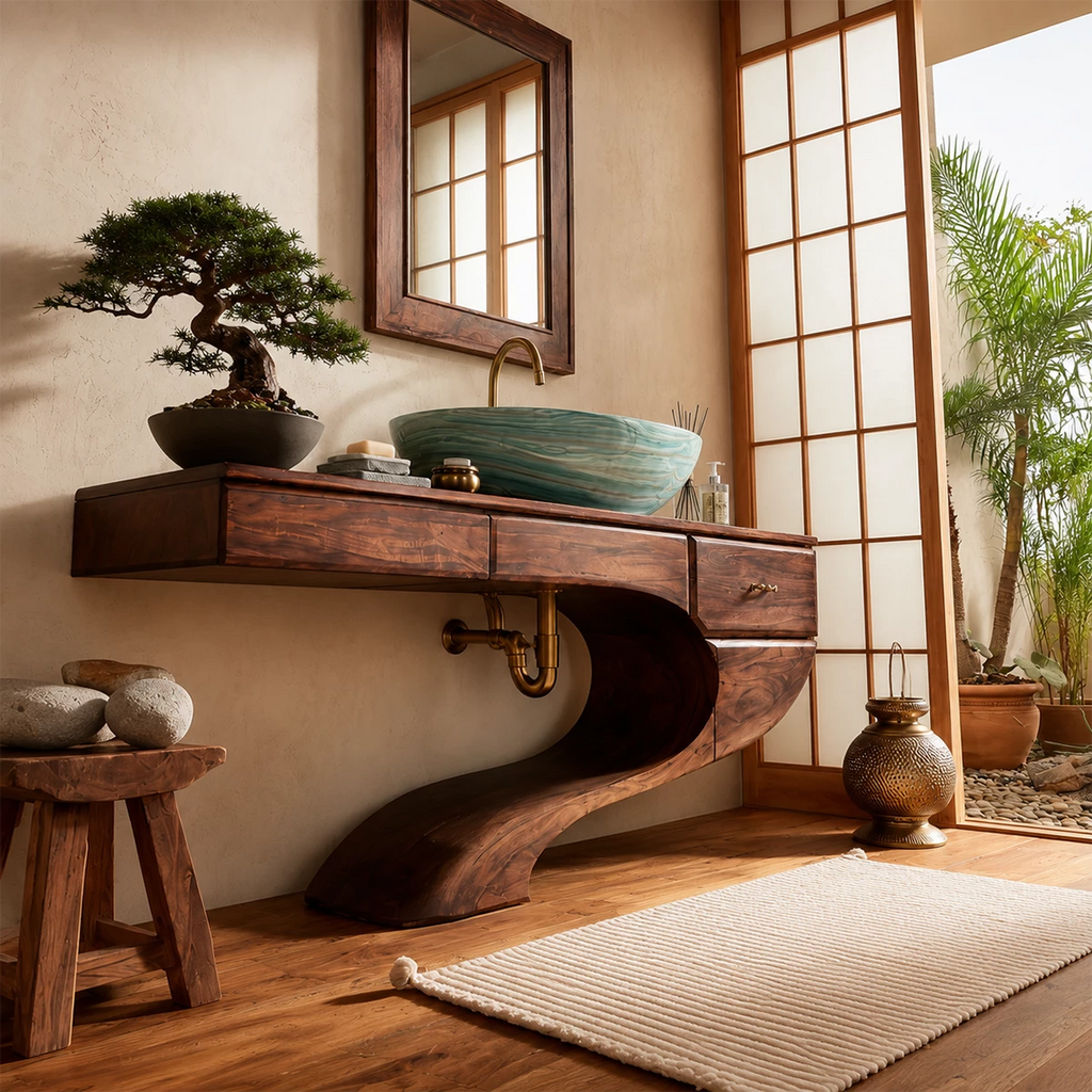 Floating Bathroom Vanity with Sculptural S-Curve Base in Natural Solid Wood