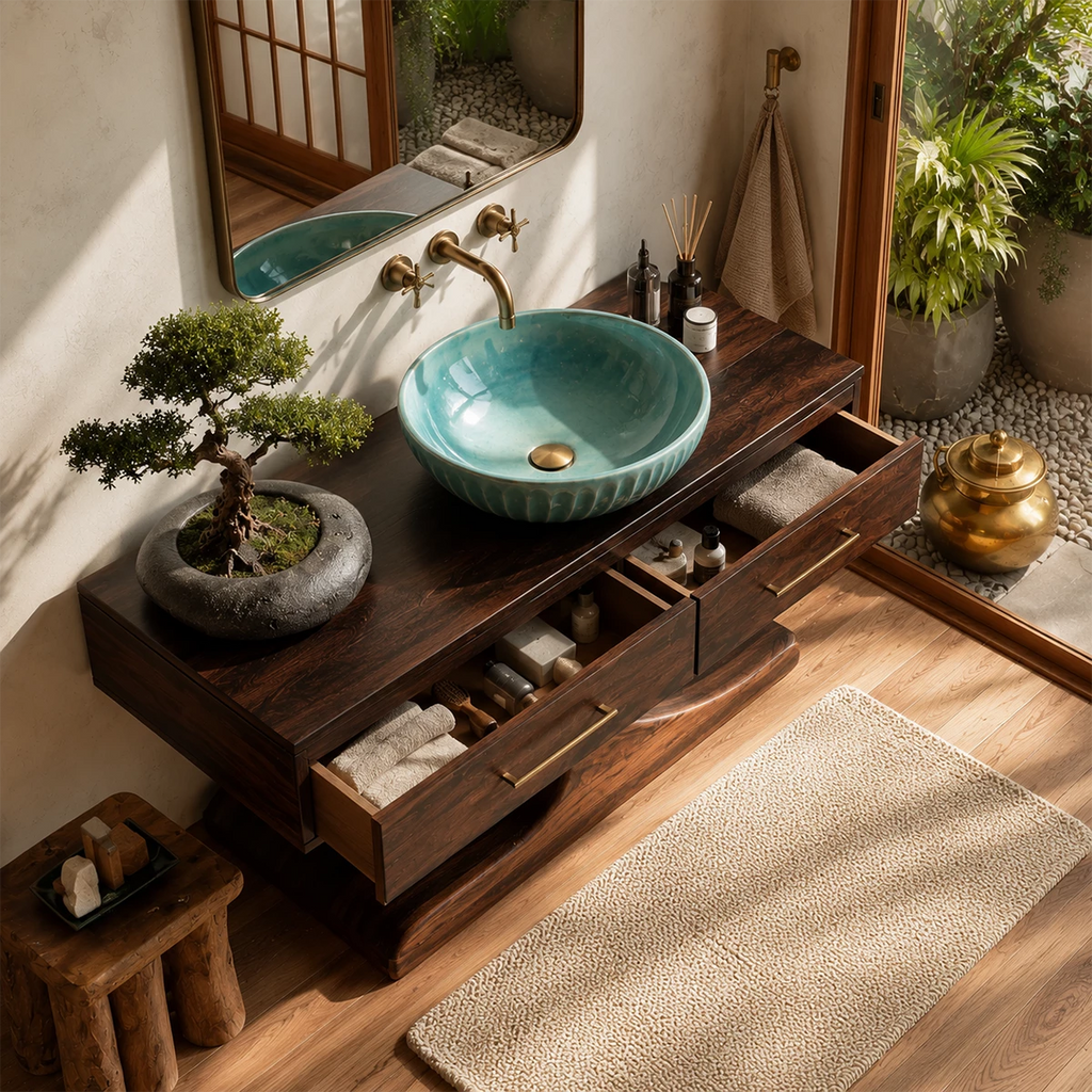 Modern Floating Bathroom Vanity with Sculptural Pedestal in Natural Solid Wood