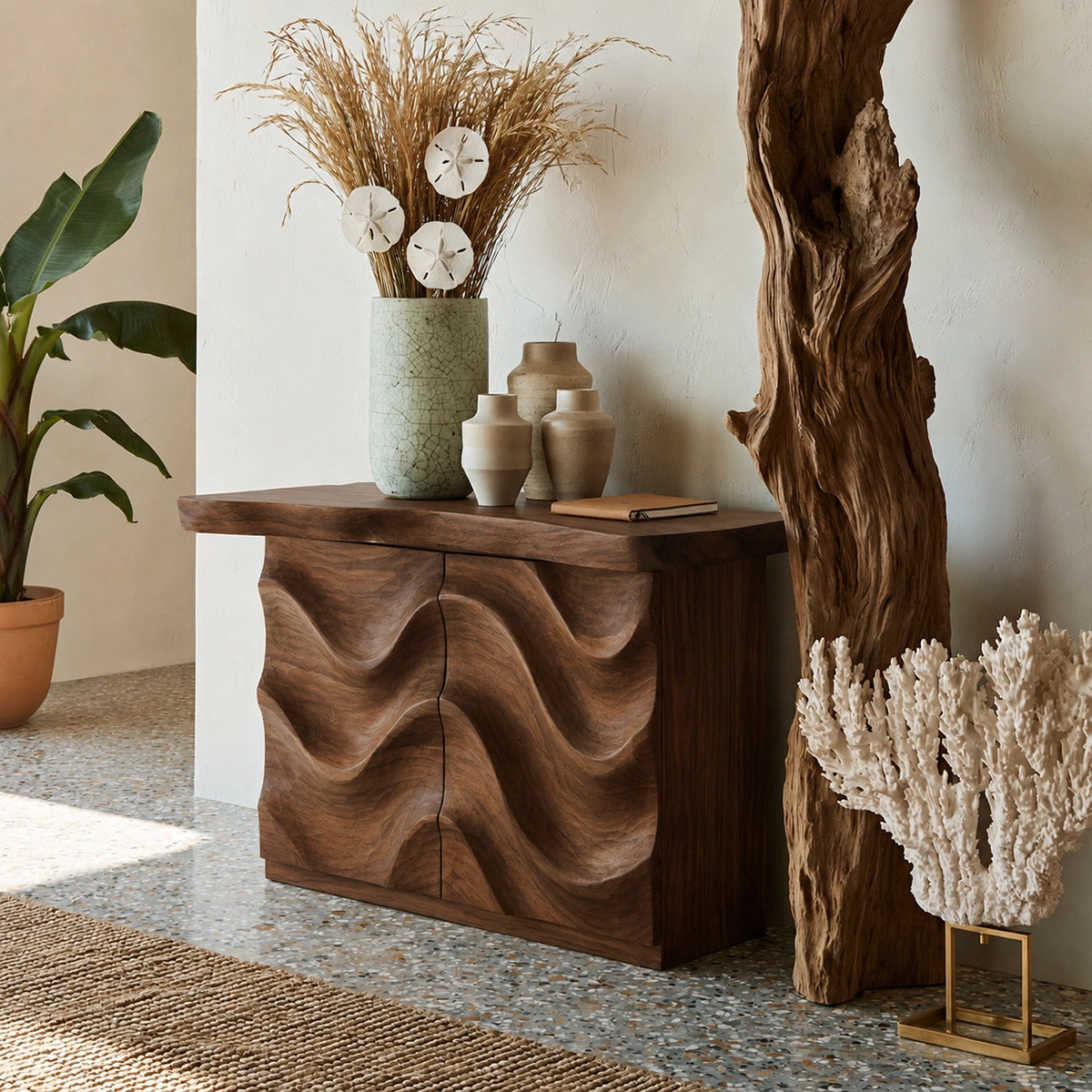 Wave Front Natural Solid Wood Sideboard Cabinet with Hidden Storage