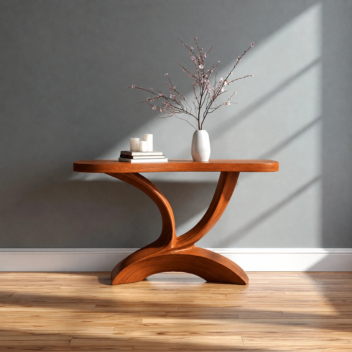 Sculptural Natural Solid Wood Console Table with Curved Pedestal Base