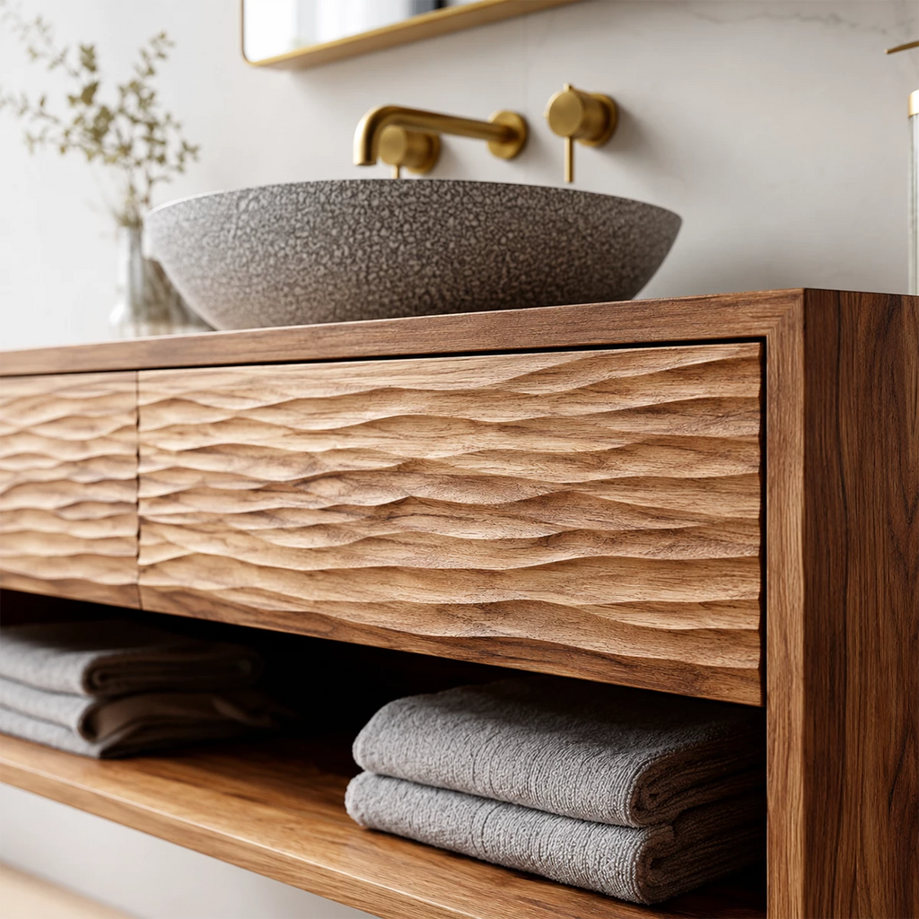 Floating Solid Wood Bathroom Vanity with Textured Front & Open Shelf Storage