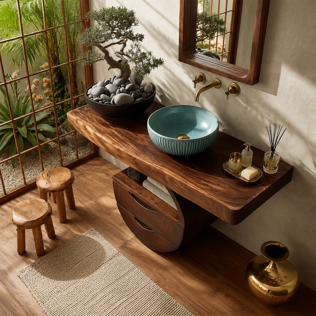 Sculptural Floating Bathroom Vanity with Curved Storage Base in Natural Solid Wood