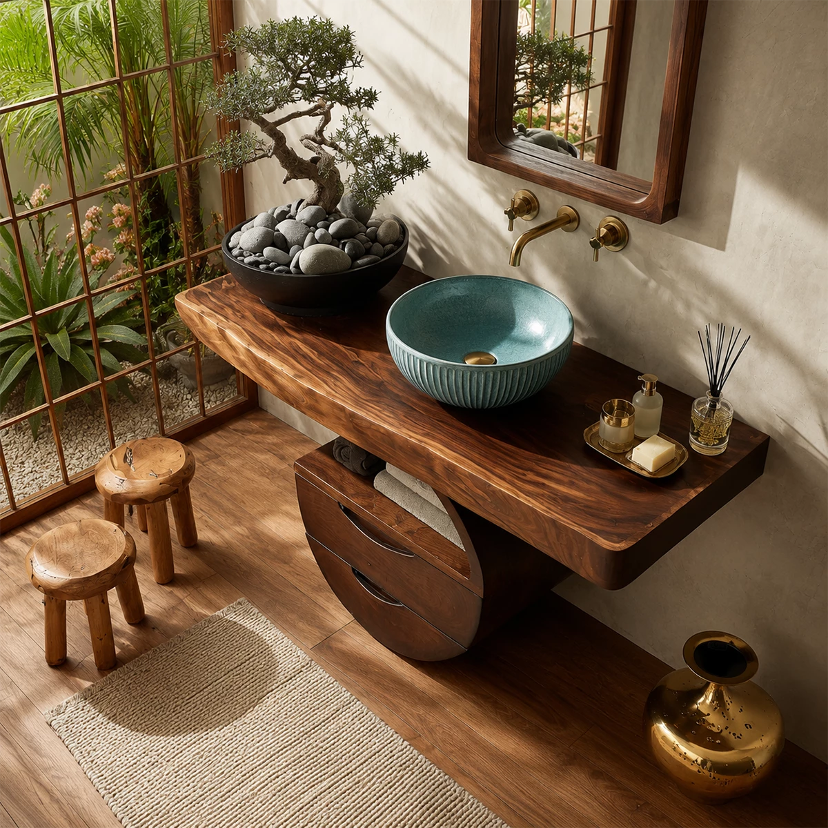 Sculptural Floating Bathroom Vanity with Curved Storage Base in Natural Solid Wood