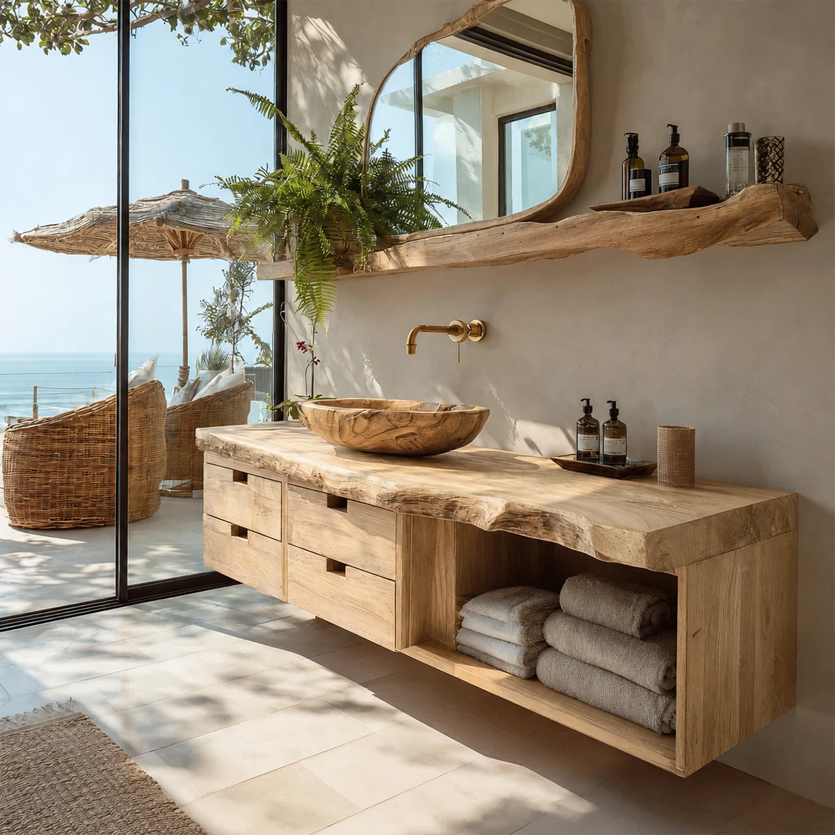 Floating Live Edge Solid Wood Bathroom Vanity with Four Drawers and Open Shelf