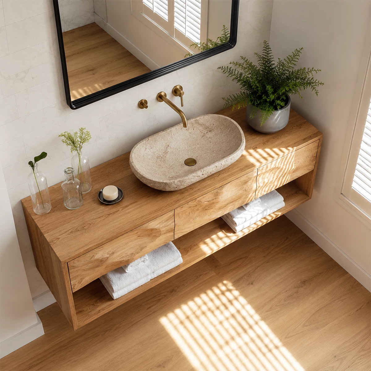Floating Bathroom Vanity with Sculpted Drawer Fronts in Natural Solid Wood