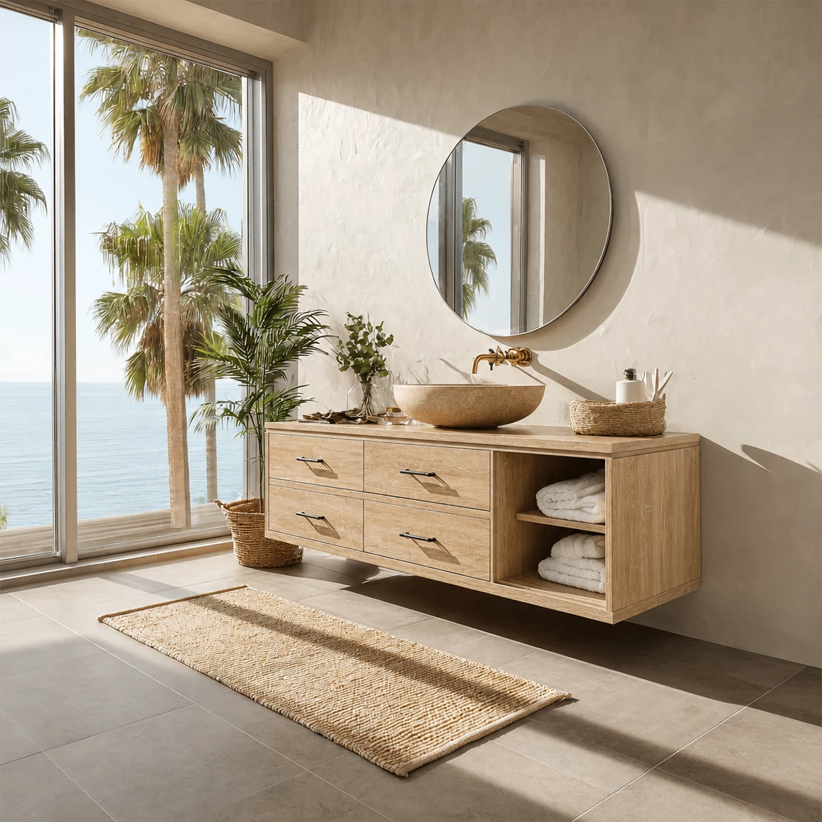 Floating Bathroom Vanity with Open Shelf and Four Drawers in Natural Solid Wood