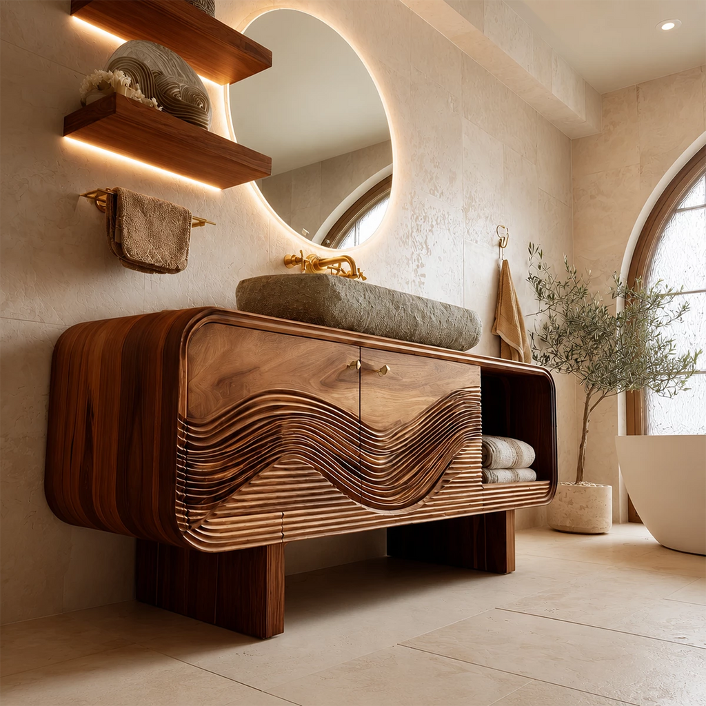 Modern Solid Wood Bathroom Vanity with Sculpted Wave Front and Open Shelf