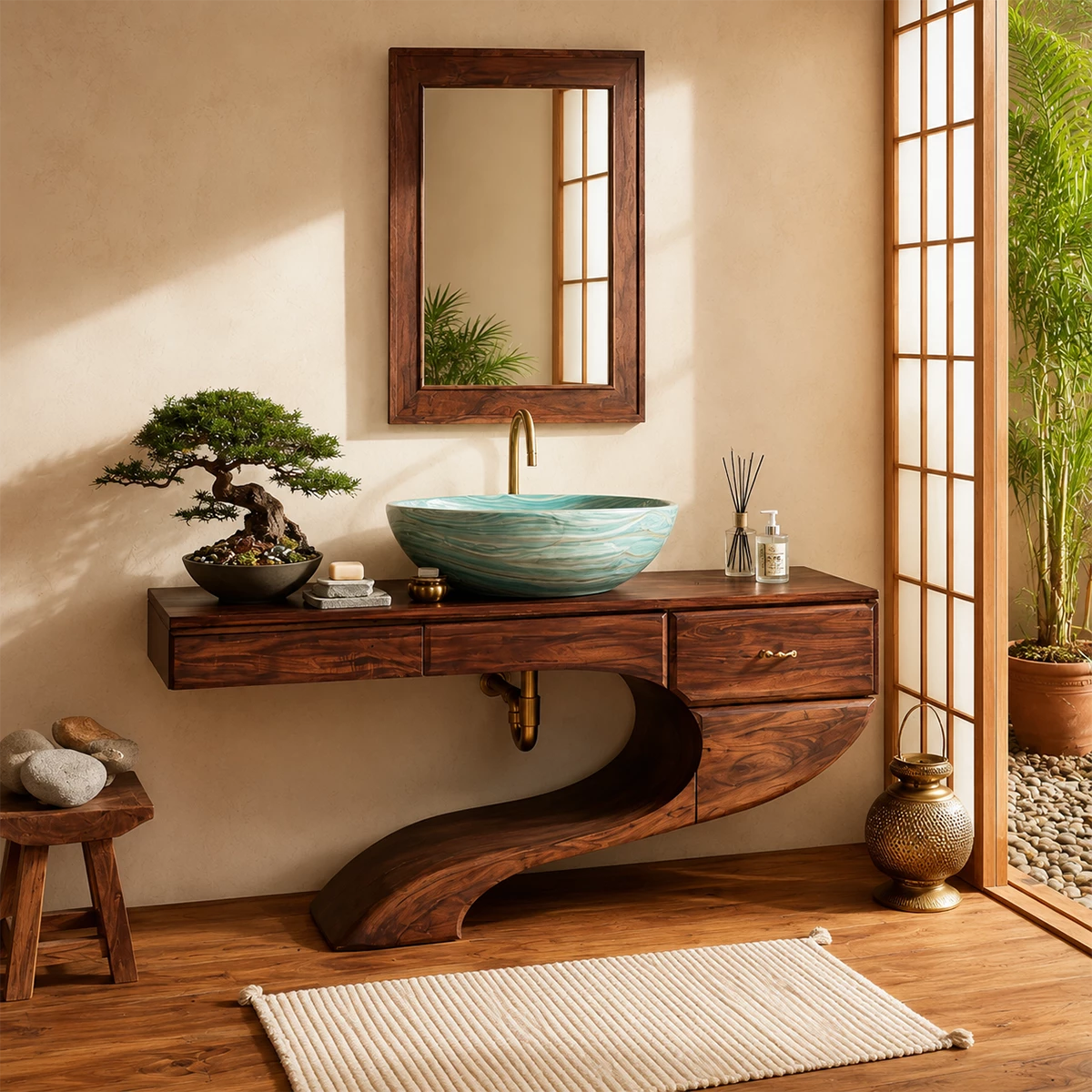 Floating Bathroom Vanity with Sculptural S-Curve Base in Natural Solid Wood
