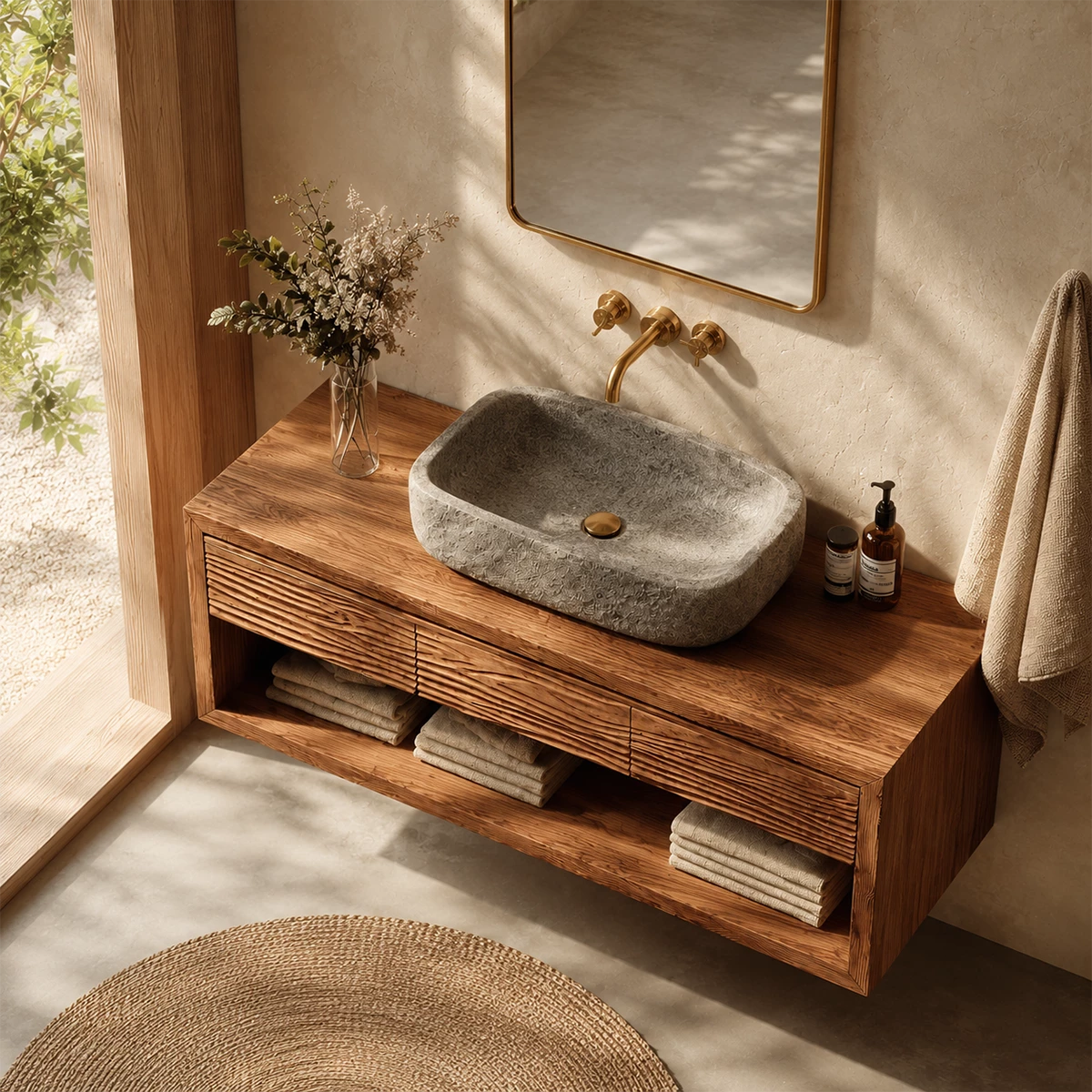 Floating Bathroom Vanity with Textured Wood Drawers and Open Shelf in Natural Solid Wood