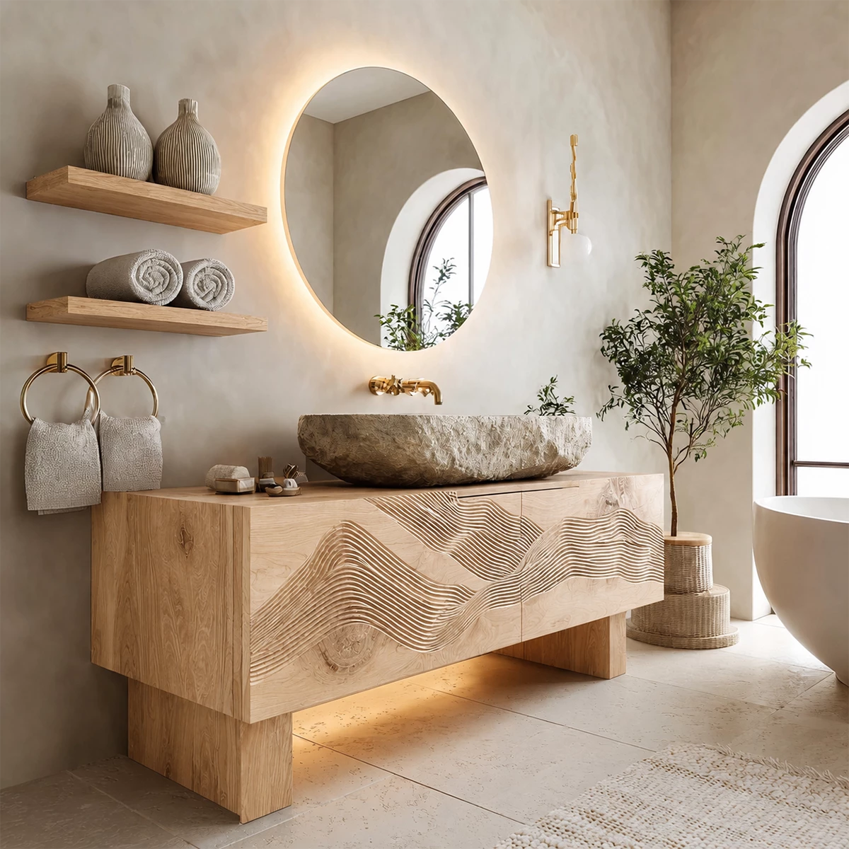 Artistic Bathroom Vanity with Layered Wave Carved Front in Natural Solid Wood