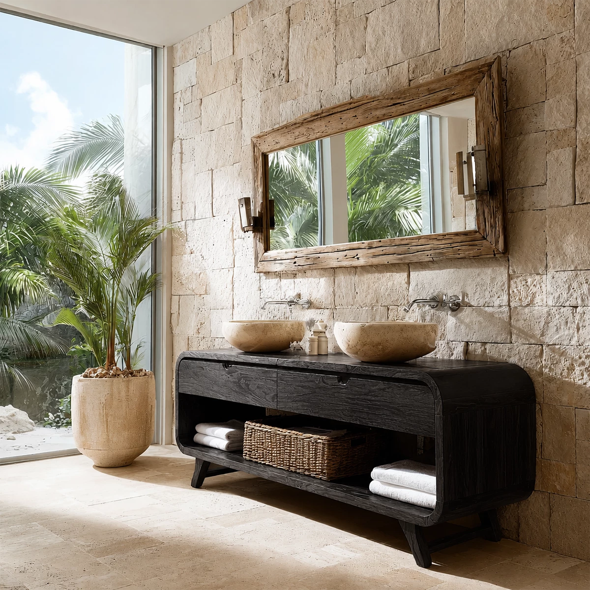 Double Sink Bathroom Vanity with Rounded Corners in Natural Solid Wood