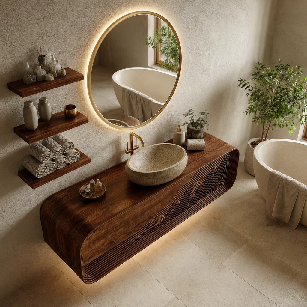 Floating Solid Wood Bathroom Vanity with Mountain Relief Front Design