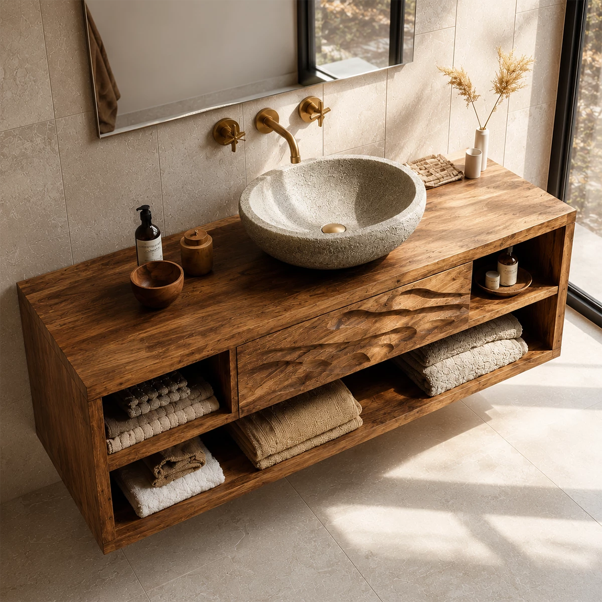 Floating Bathroom Vanity with Wave-Carved Drawer in Natural Solid Wood