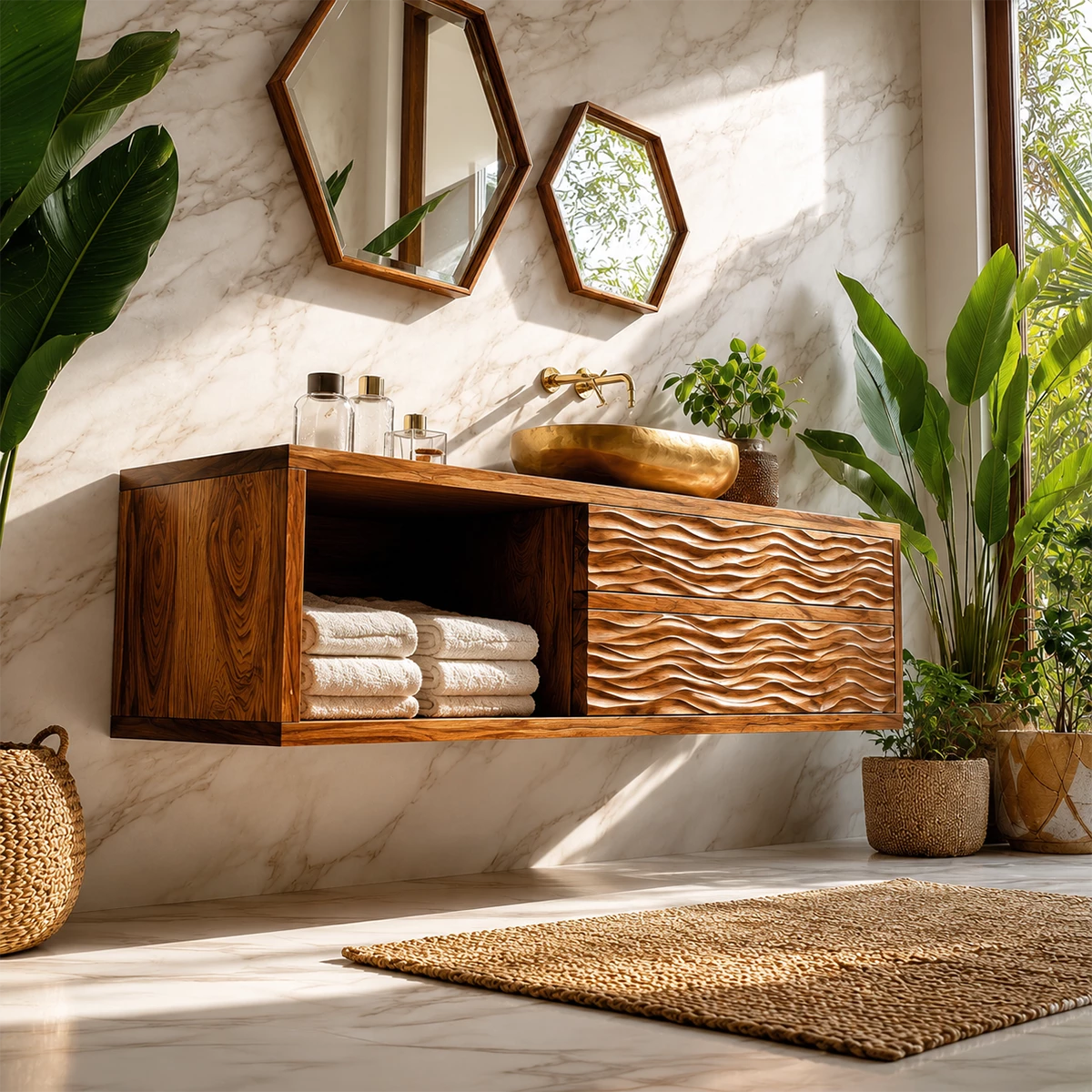 Floating Solid Wood Bathroom Vanity with Wave Carved Drawers and Open Shelf