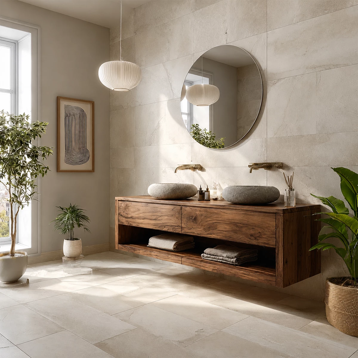Floating Double Sink Solid Wood Bathroom Vanity with Open Shelf Storage
