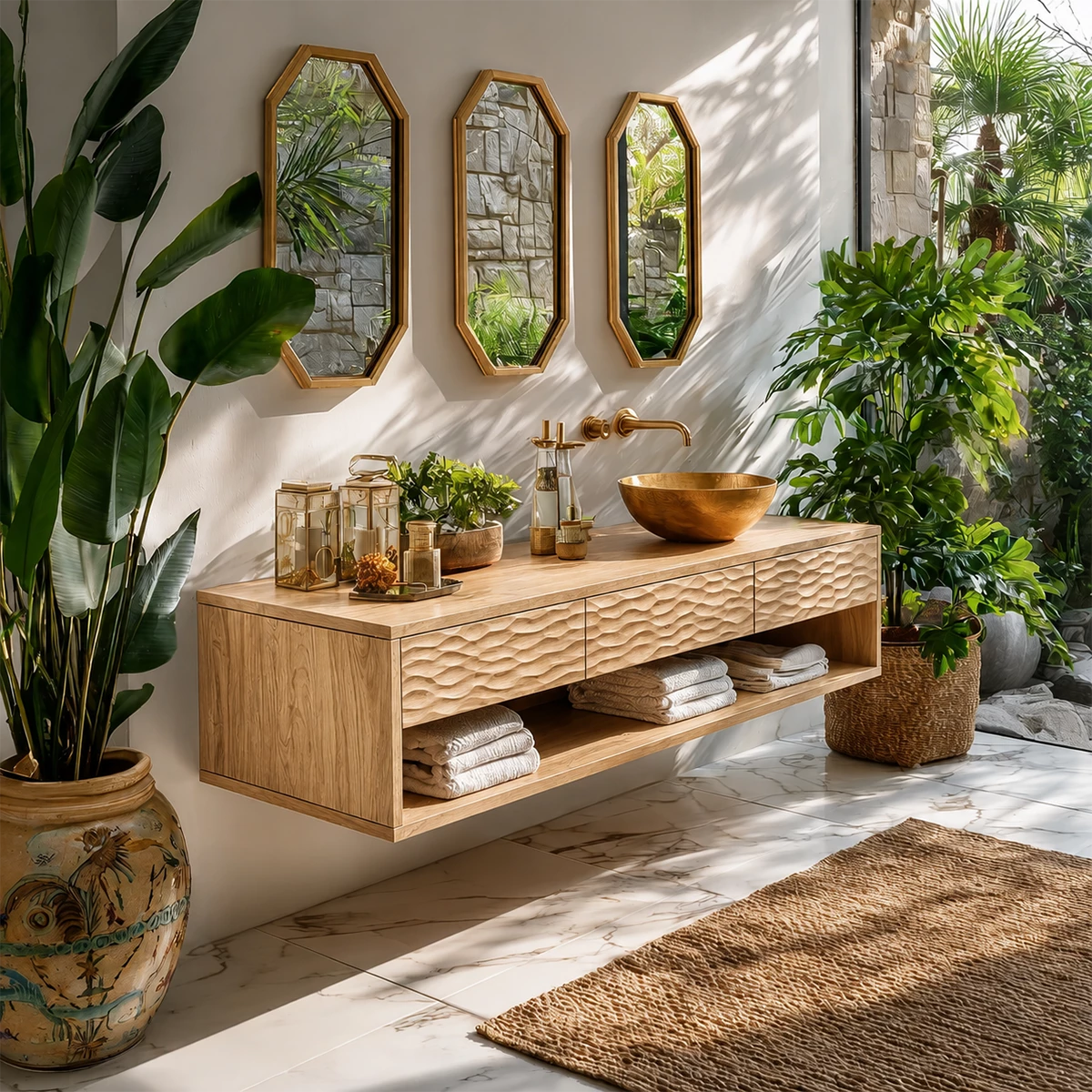 Handcrafted Floating Bathroom Vanity with Carved Drawer Fronts in Natural Solid Wood
