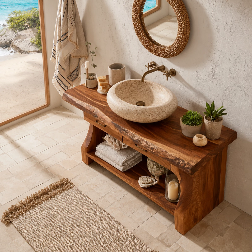 Live Edge Bathroom Vanity with Open Shelf in Natural Solid Wood
