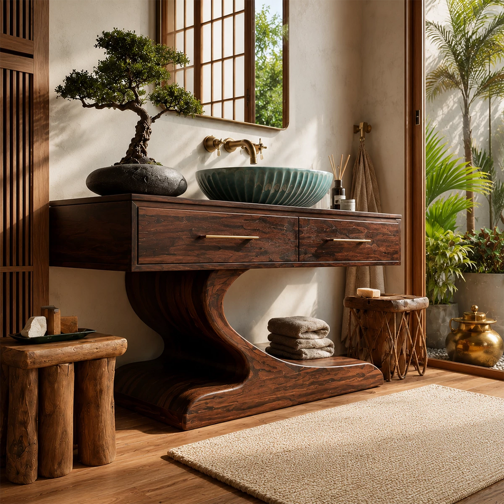Modern Floating Bathroom Vanity with Sculptural Pedestal in Natural Solid Wood