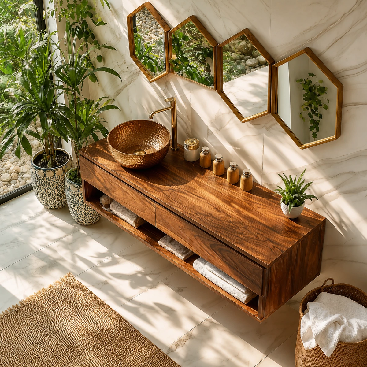 Floating Bathroom Vanity with Open Shelf and Dual Drawers in Natural Solid Wood