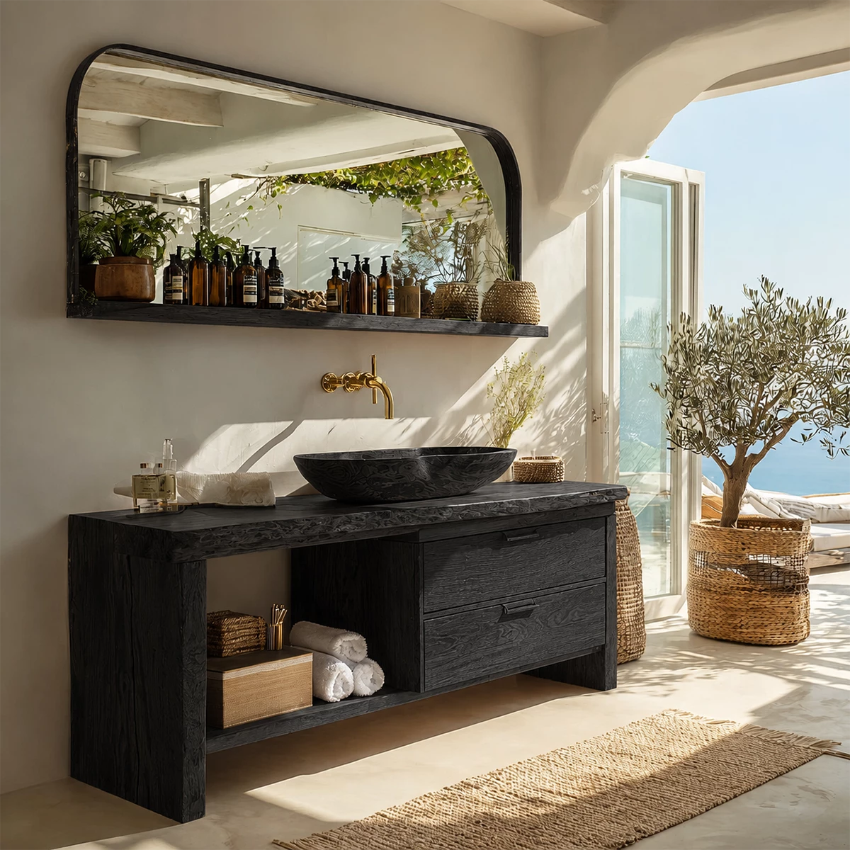 Live Edge Bathroom Vanity with Open Shelf and Dual Drawers in Natural Solid Wood